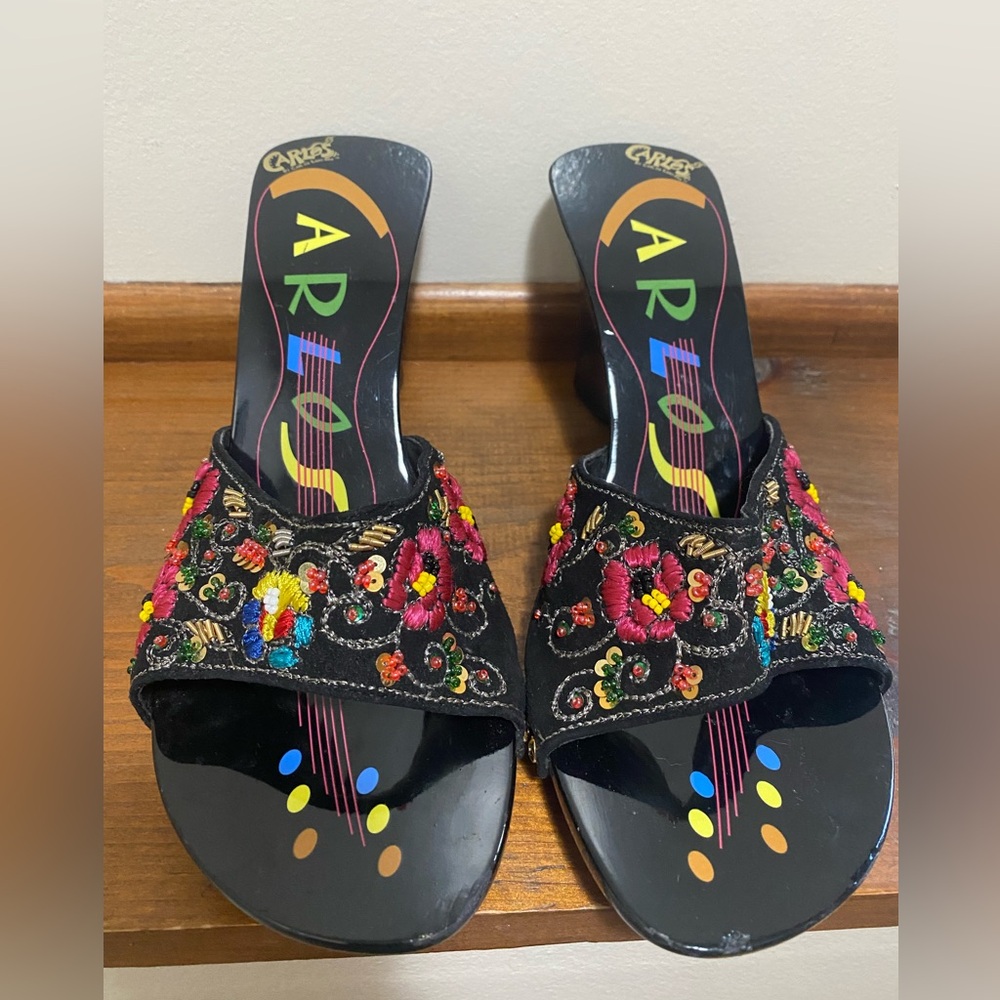 Carlos by Carlos Santana Black Floral Embroidered Mules
